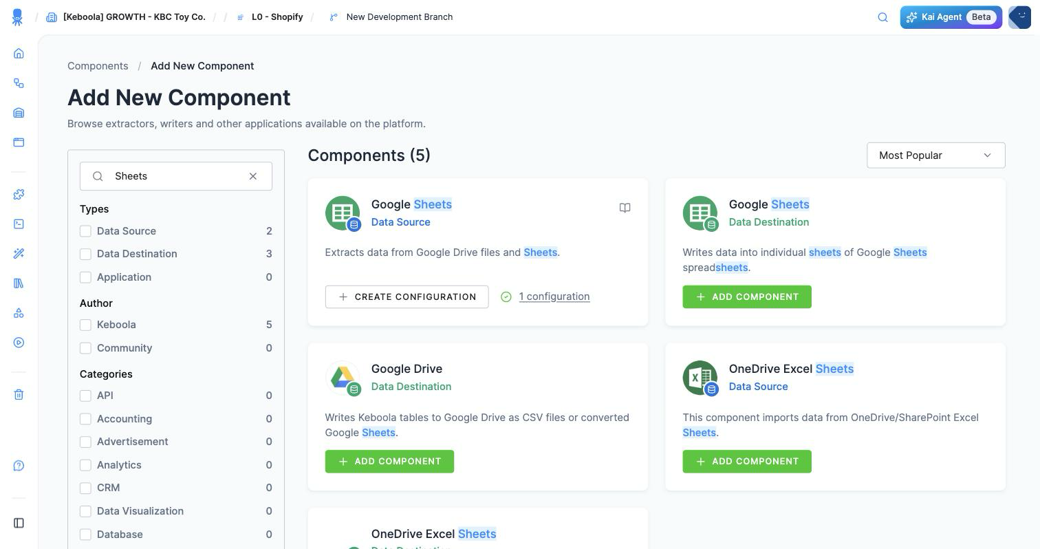 Screenshot - Search for the Google Sheets destination